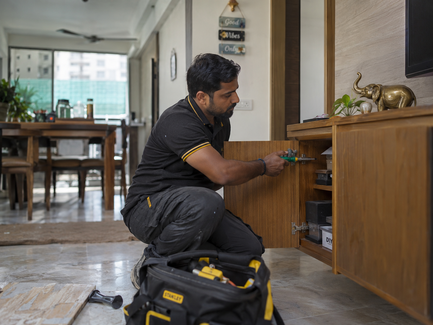 Carpenter adjusting a cabinet hinge