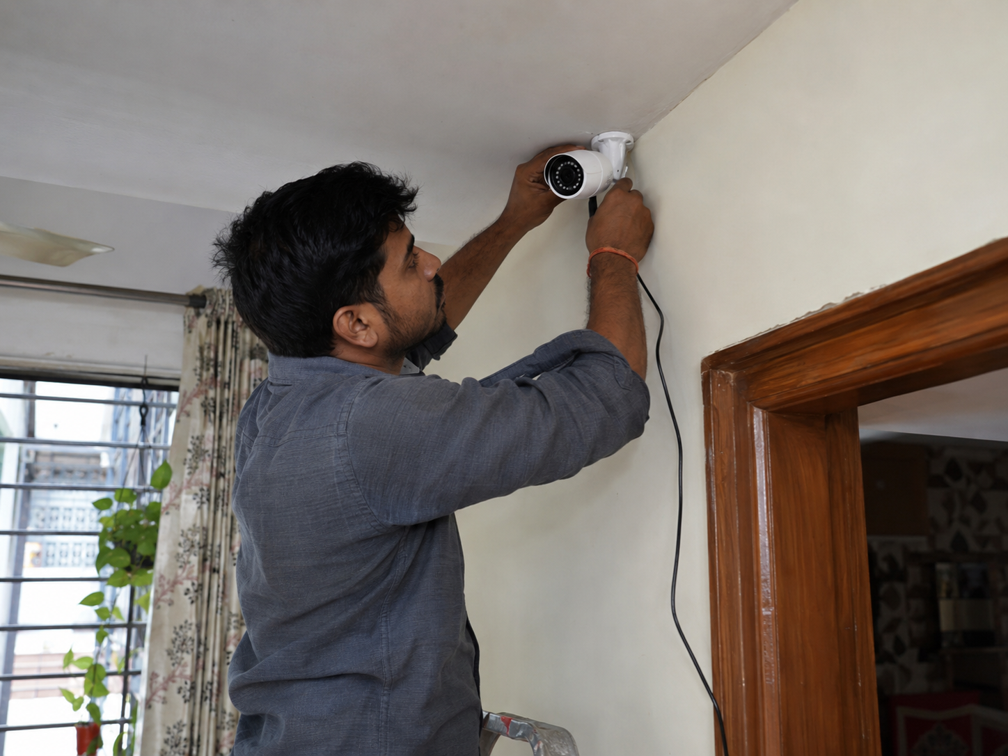 Technician installing a CCTV camera near the ceiling