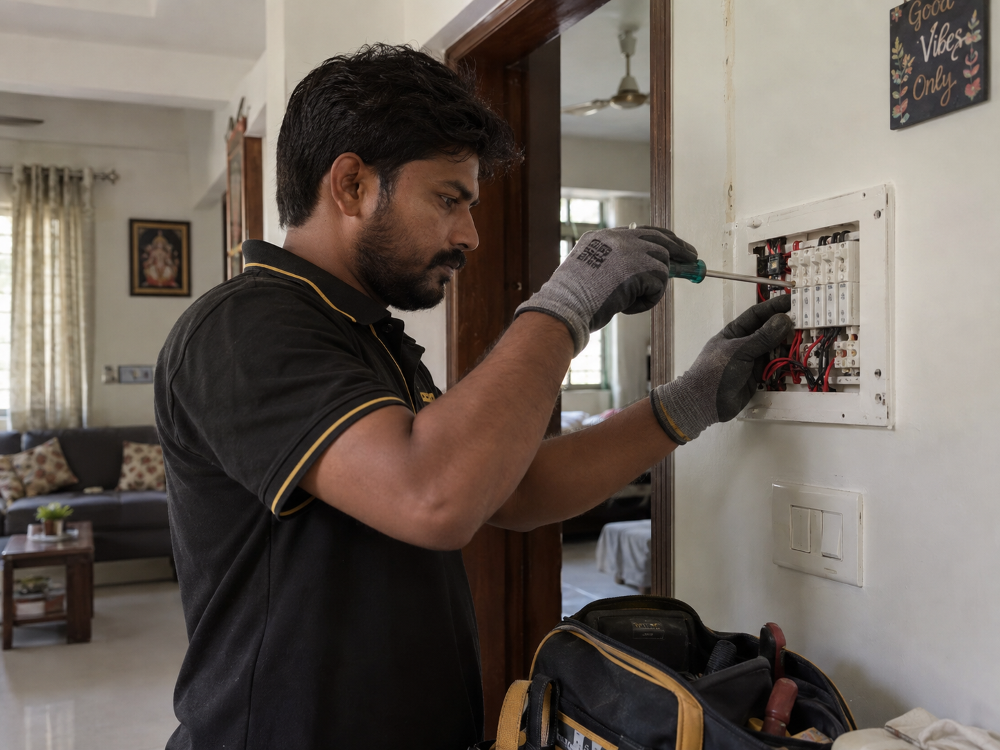 Electrician working on a household electrical panel