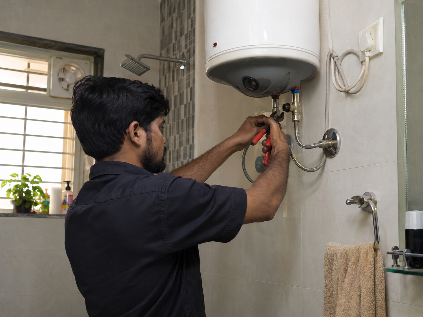 Technician servicing a wall-mounted water heater