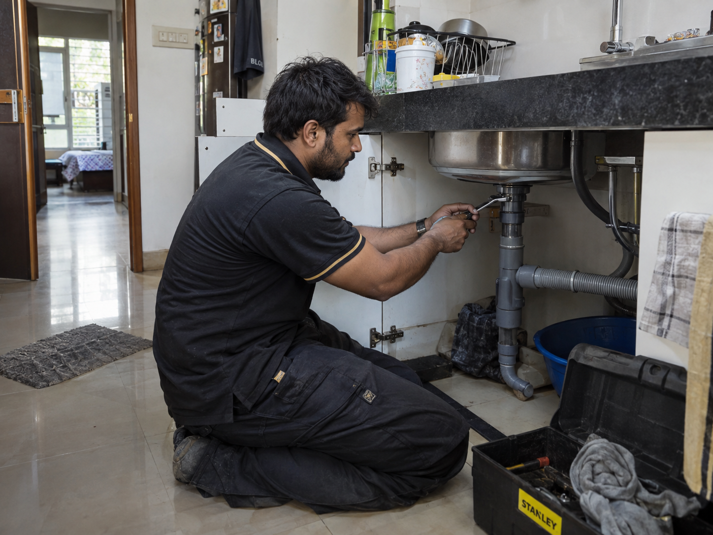 Plumber repairing pipework below a kitchen sink
