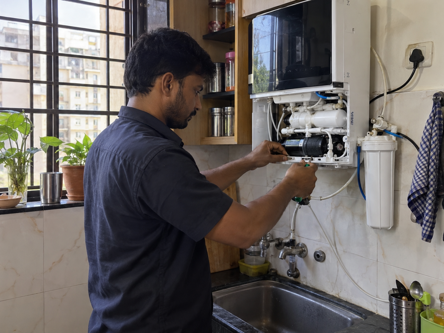 Technician inspecting a household water purifier
