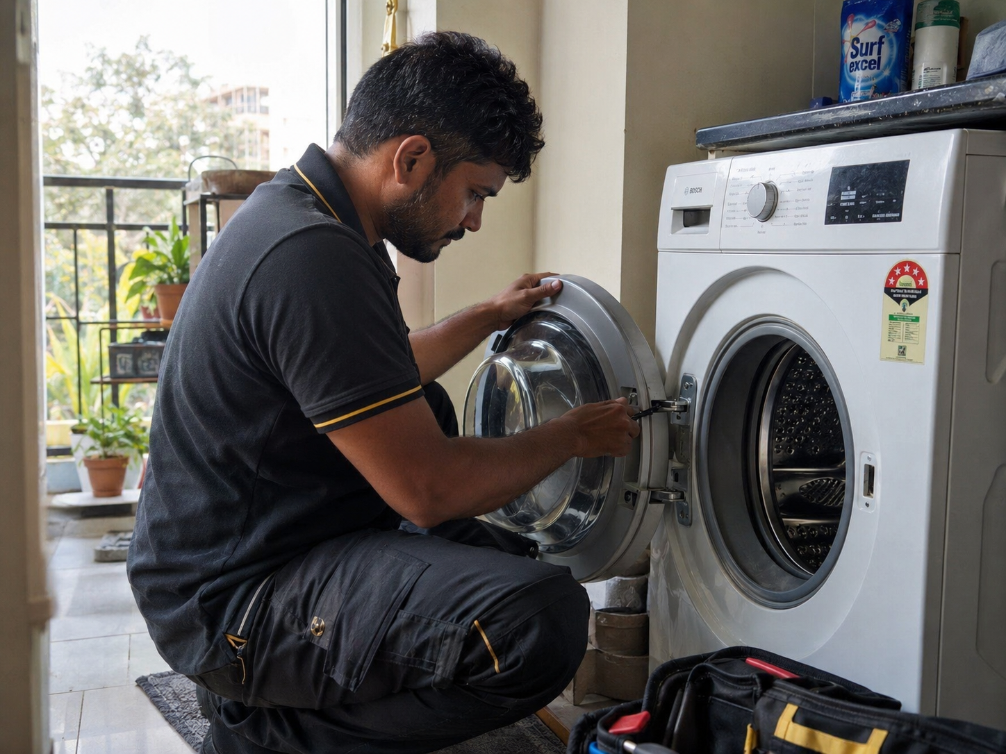 Technician inspecting a washing machine door